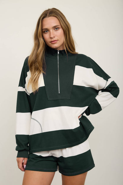 WIDE STRIPE HALF ZIP LONG SLEEVE KNIT SHORT SET