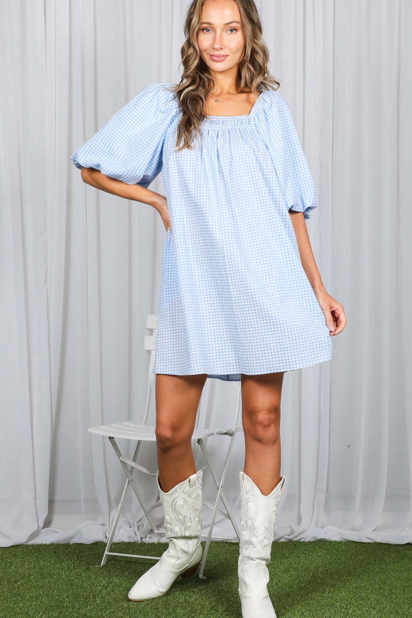 Casual Gingham Square Neck Mini Dress