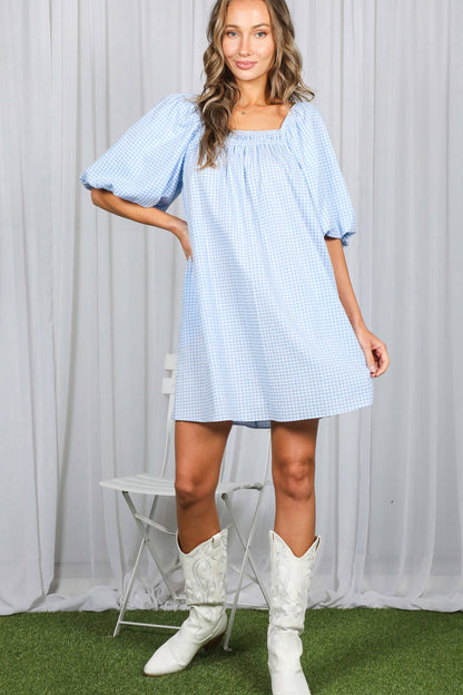 Casual Gingham Square Neck Mini Dress