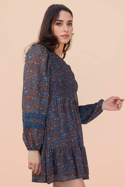 PLUS SIZE Lace Trim Smocking Printed Mini Dress