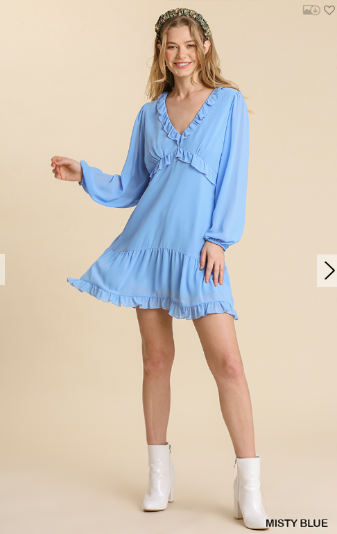 Chiffon V-neck Ruffle Detail Dress
