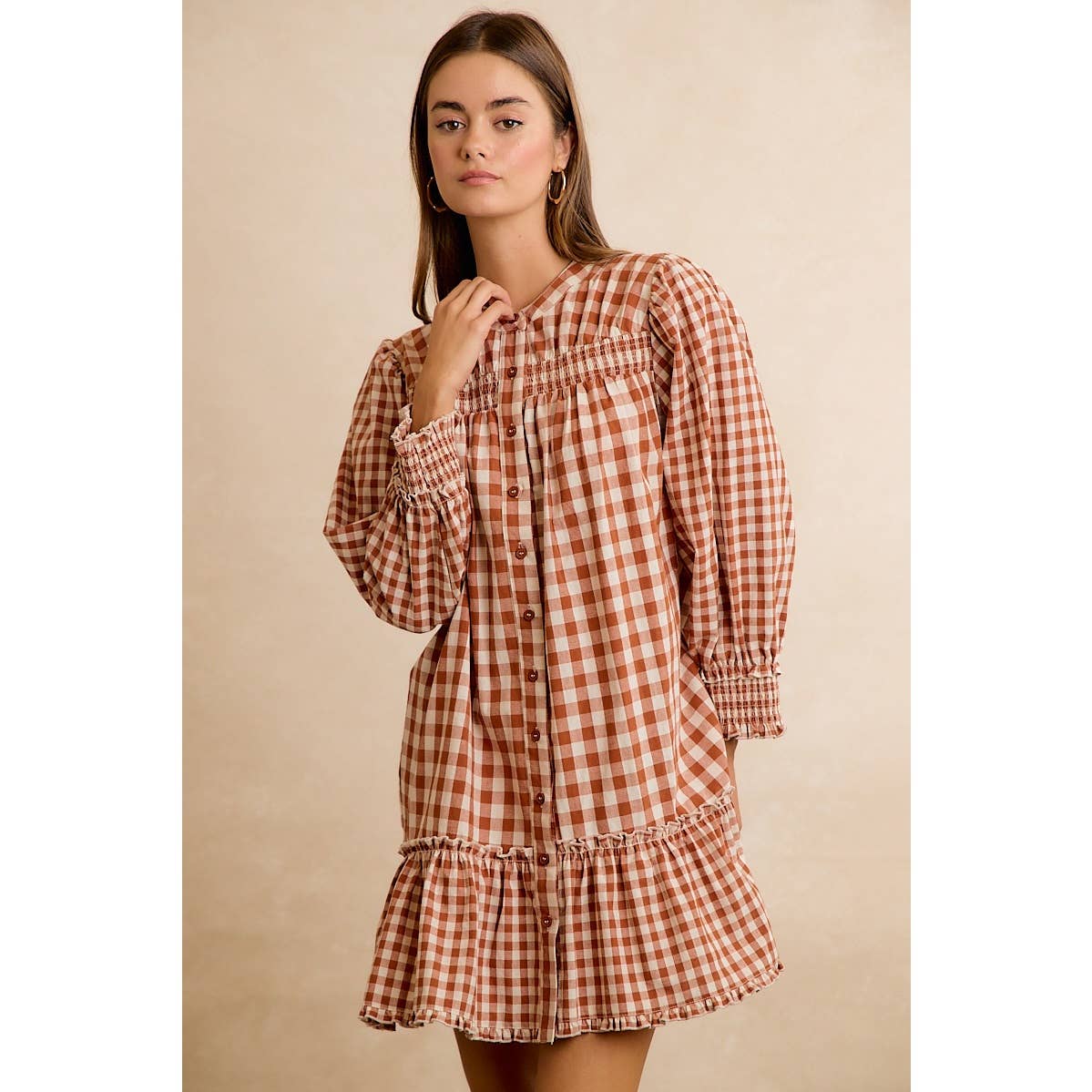 GINGHAM SMOCKED RUFFLE HEM MINI DRESS