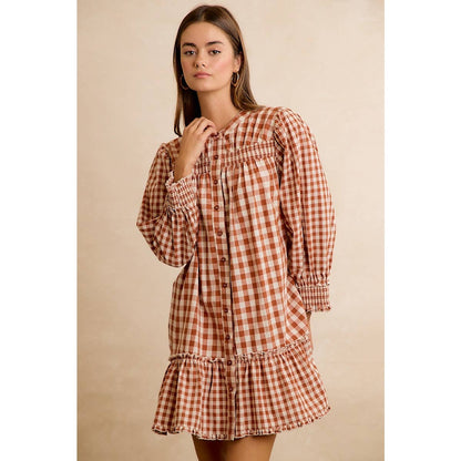 GINGHAM SMOCKED RUFFLE HEM MINI DRESS
