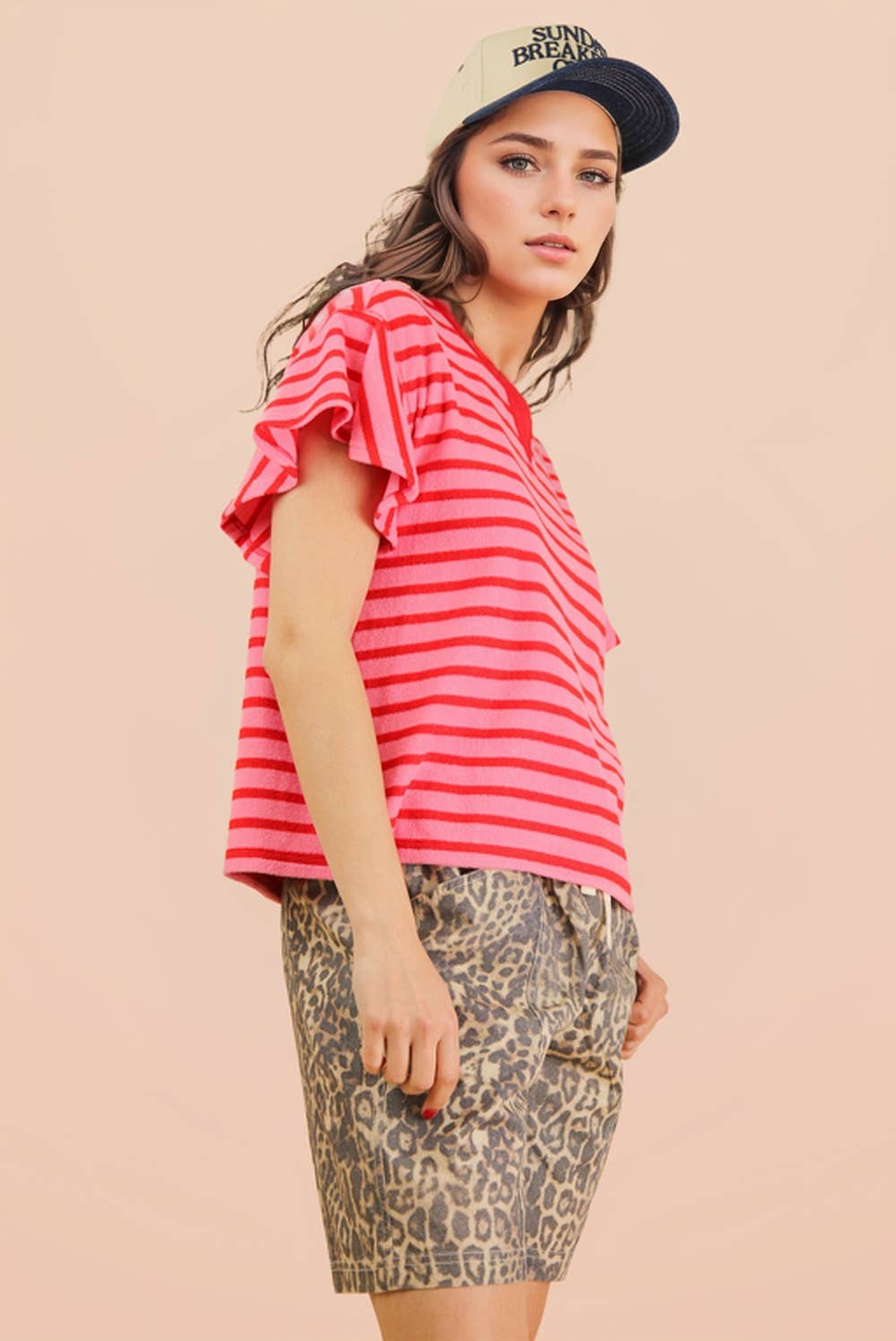 NT12476-Oversized Ruffle Sleeve Casual Stripe Knit Top