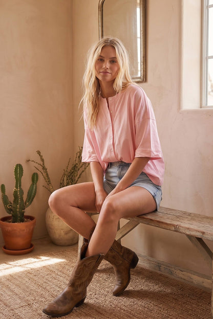 Oversized Button Front Stretch Lightweight Knit Top