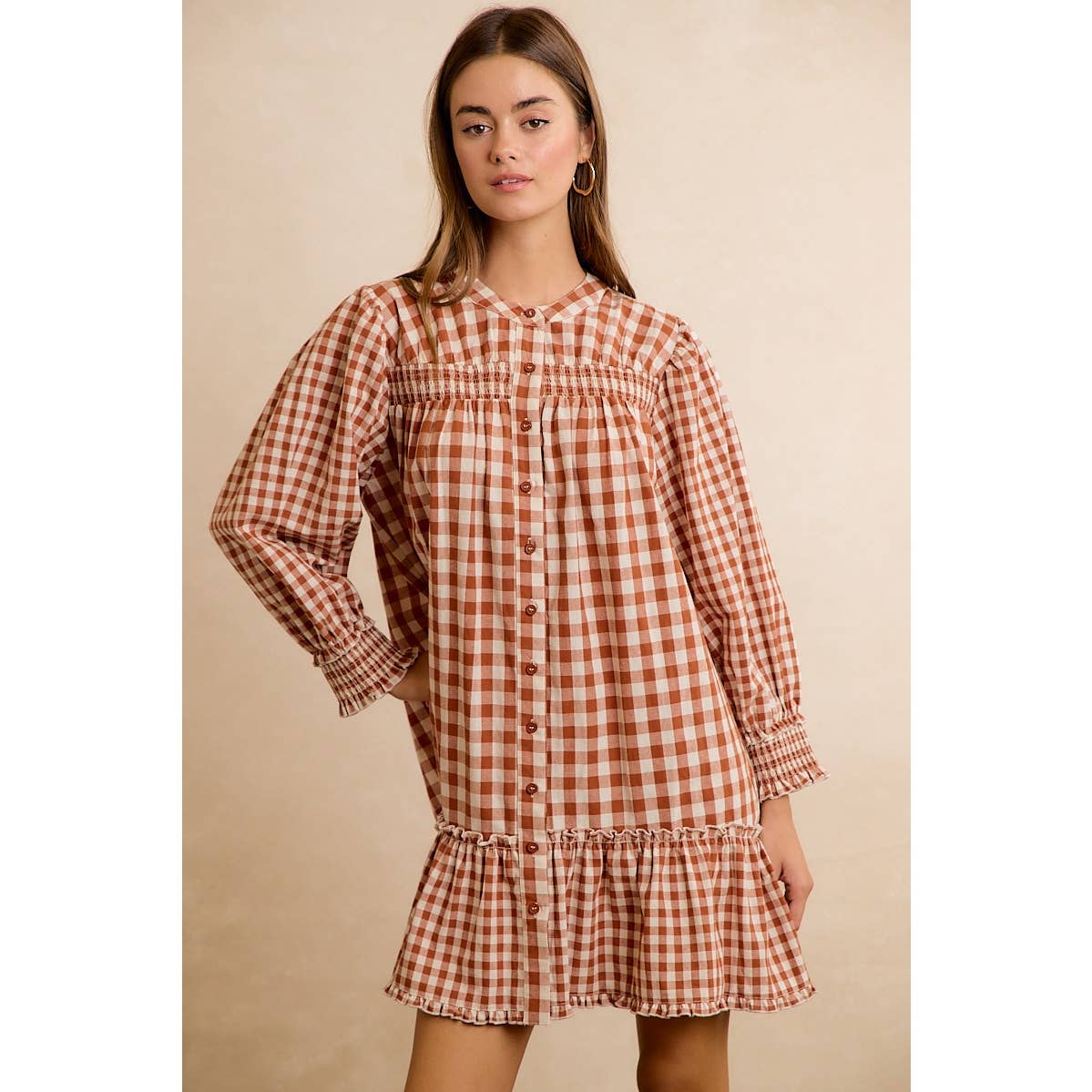 GINGHAM SMOCKED RUFFLE HEM MINI DRESS