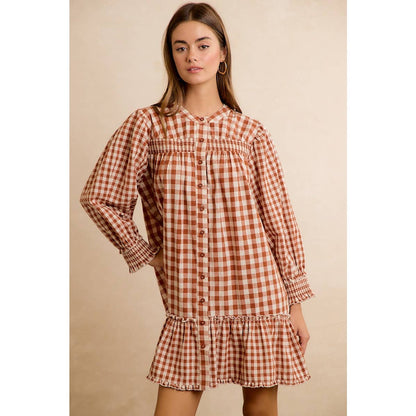 GINGHAM SMOCKED RUFFLE HEM MINI DRESS