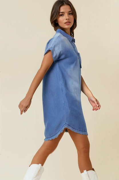 SHORT SLEEVE DENIM SHIRT MINI DRESS