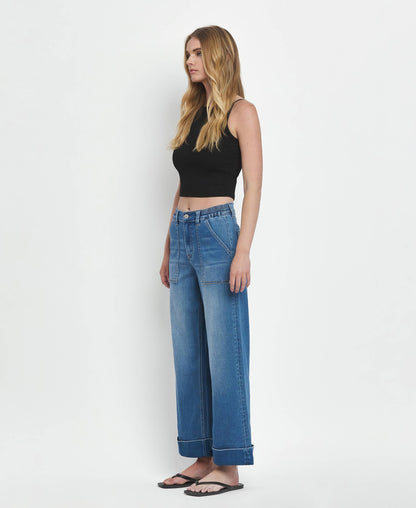 KRIS HIGH RISE DOUBLE CUFFED BAGGY WIDE JEANS