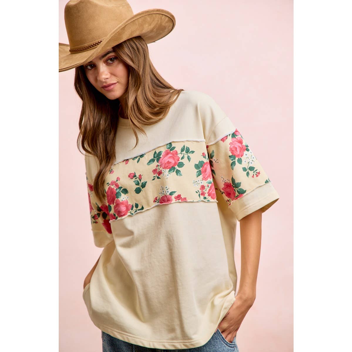 FLORAL PRINT SHORT SLEEVES FRENCH TERRY TOP