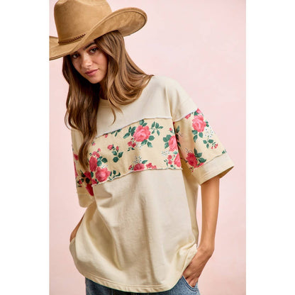 FLORAL PRINT SHORT SLEEVES FRENCH TERRY TOP