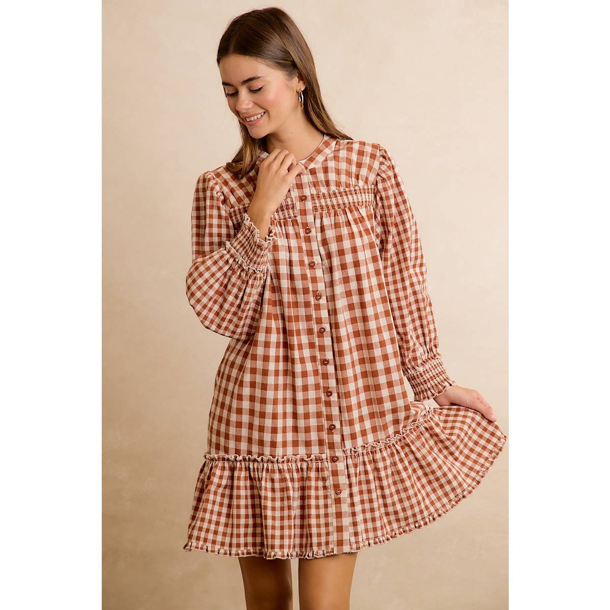 GINGHAM SMOCKED RUFFLE HEM MINI DRESS