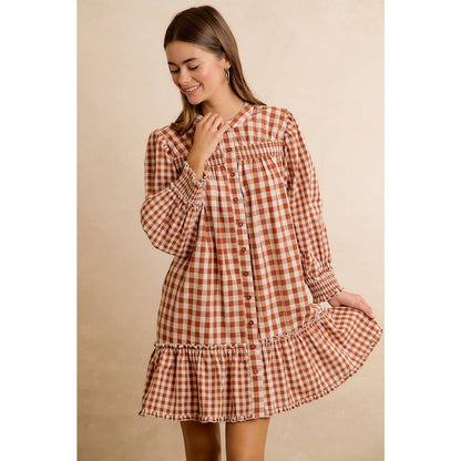 GINGHAM SMOCKED RUFFLE HEM MINI DRESS