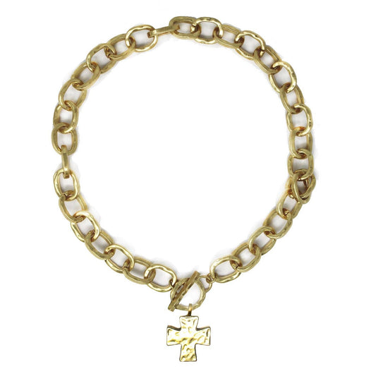 Chunky Chain Hammered Cross Charm Necklace