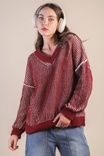 Oversized Two Tone Knit Casual Sweater Top