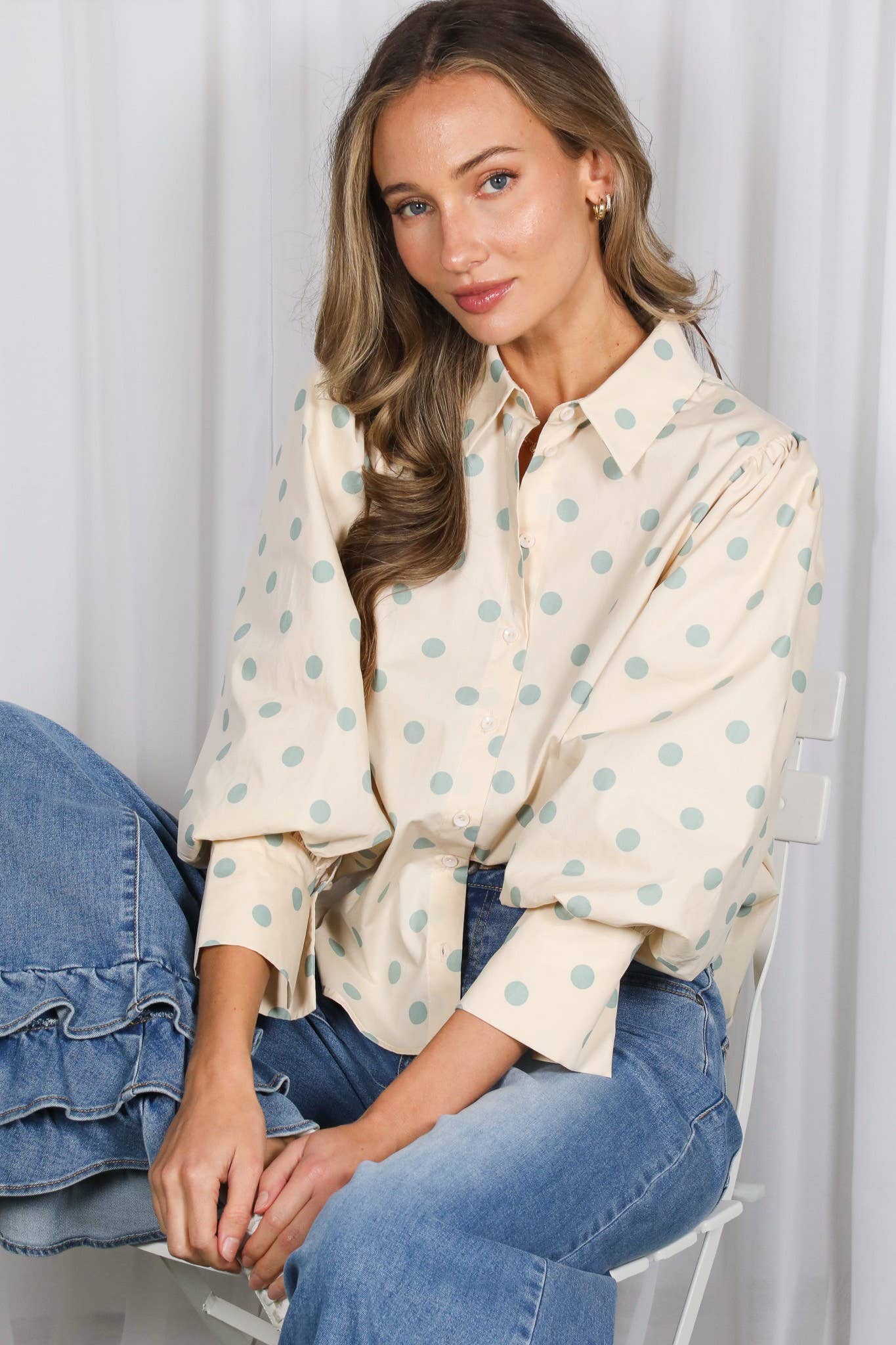Playful Polka Dot Puff Sleeve Shirt Top
