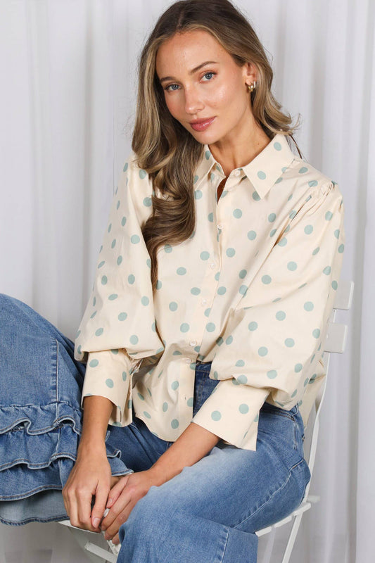 Playful Polka Dot Puff Sleeve Shirt Top