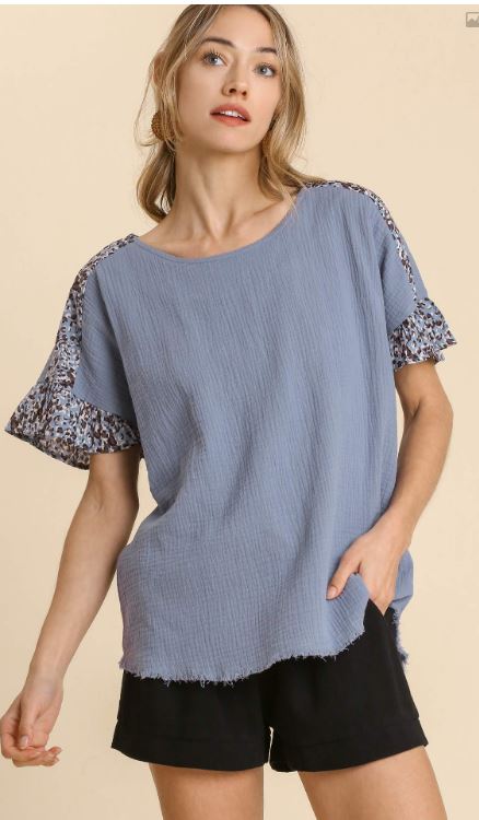 Gauze Animal Print Ruffle Sleeve Top