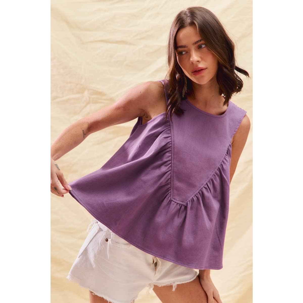 GAME DAY COLOR DENIM RUCHED SLEEVELESS TOP