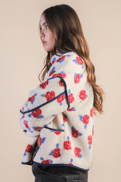 Oversized Floral Printed Fleece Sherpa Jacket