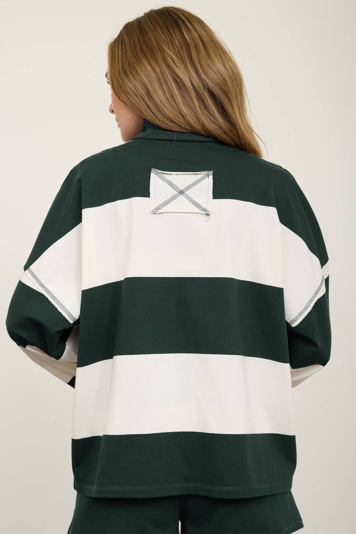 WIDE STRIPE HALF ZIP LONG SLEEVE KNIT SHORT SET