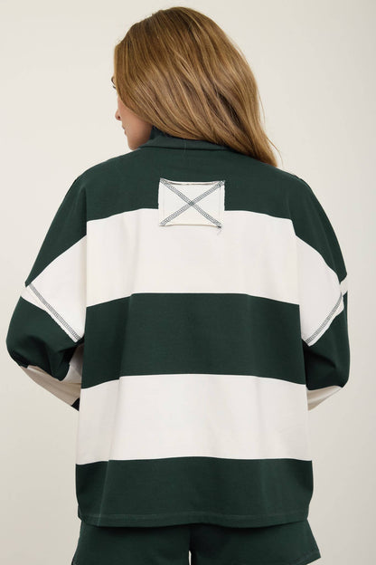 WIDE STRIPE HALF ZIP LONG SLEEVE KNIT SHORT SET