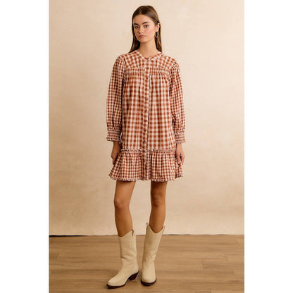 GINGHAM SMOCKED RUFFLE HEM MINI DRESS
