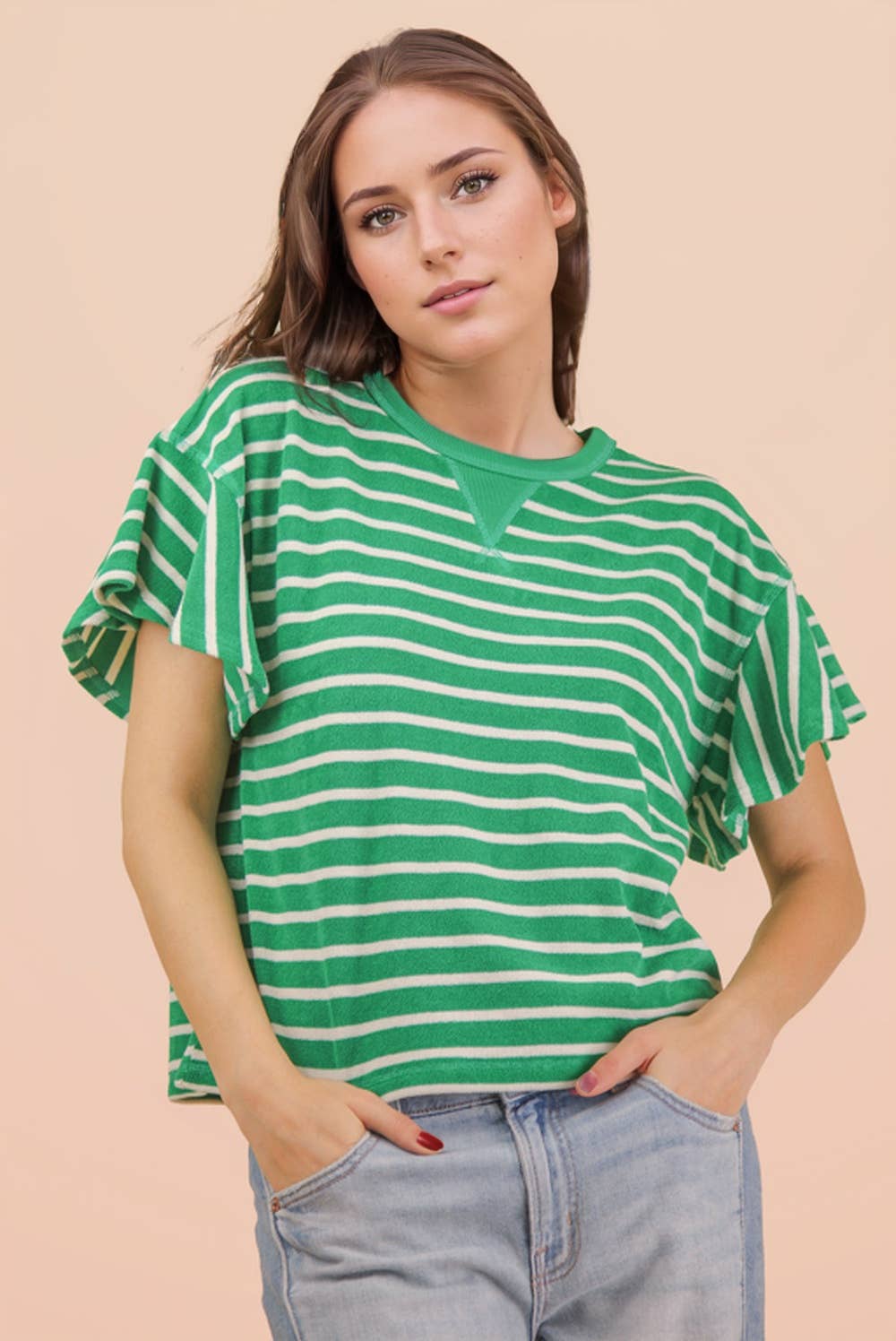 NT12476-Oversized Ruffle Sleeve Casual Stripe Knit Top