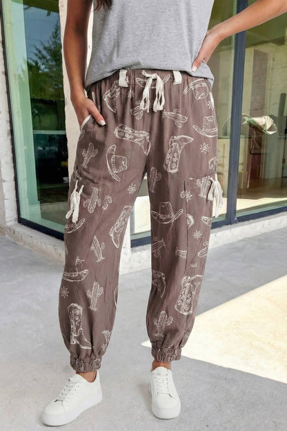 Western Print Drawstring Jogger Pants