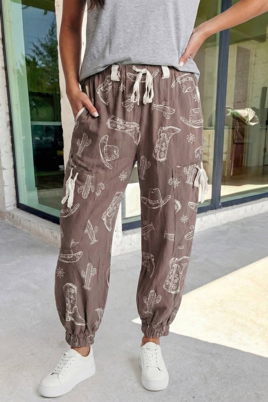 Western Print Drawstring Jogger Pants