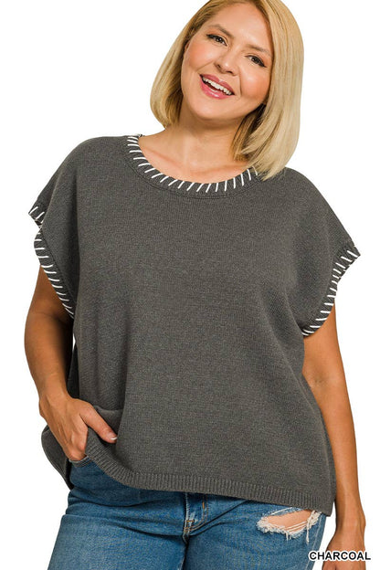 Plus Stitch Detailed Oversize Sweater Vest Zenana
