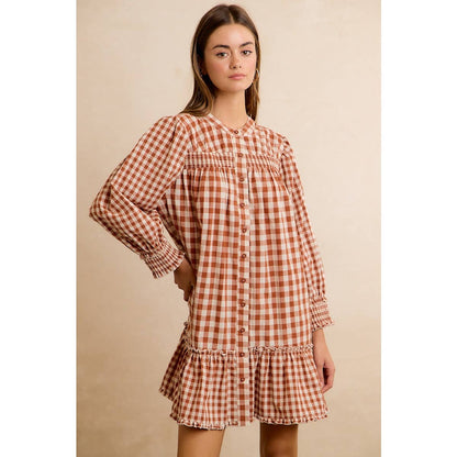 GINGHAM SMOCKED RUFFLE HEM MINI DRESS