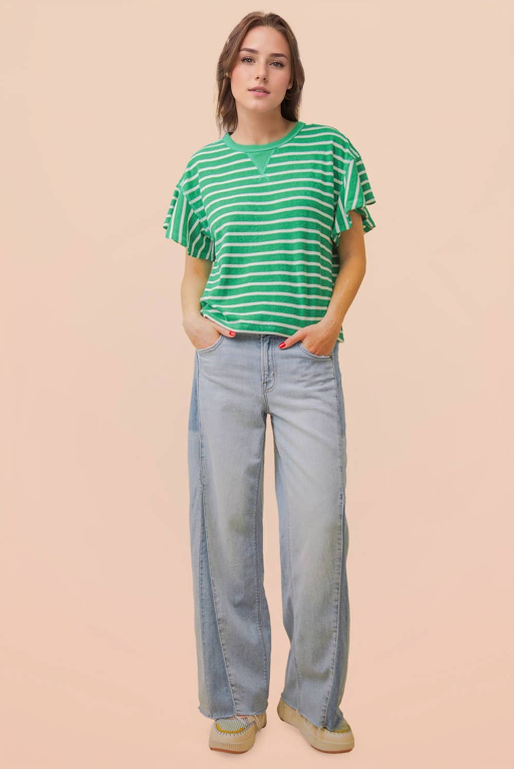 NT12476-Oversized Ruffle Sleeve Casual Stripe Knit Top