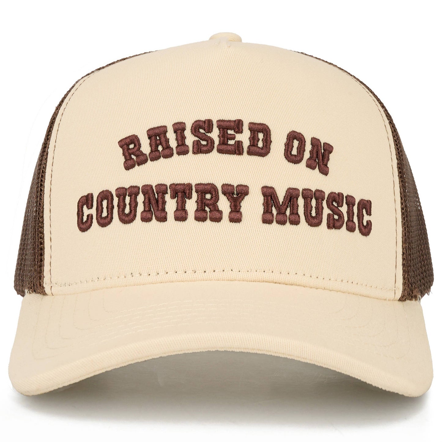 C.C RAISED ON COUNTRY MUSIC Letter on Two Tone Trucker Hat