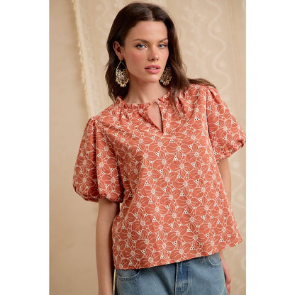 RUST COTTON EYELET PUFF SLEEVE BLOUSE
