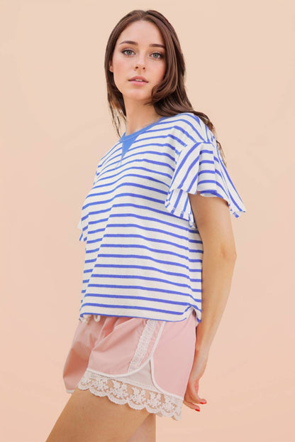 NT12476-Oversized Ruffle Sleeve Casual Stripe Knit Top