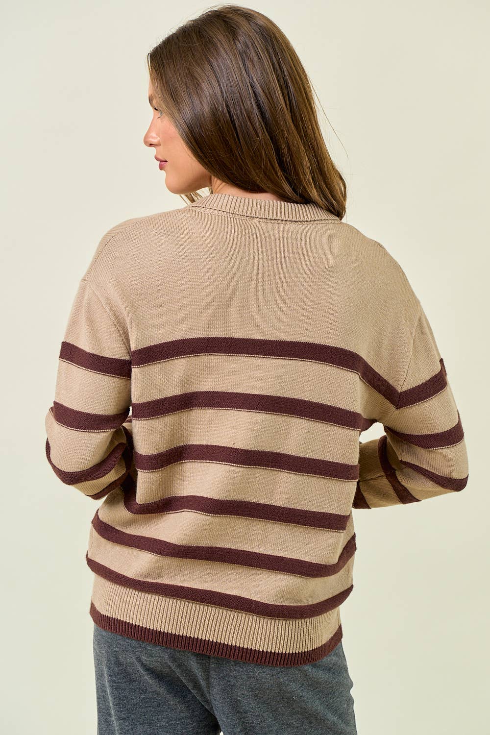 Split V-neck Polo Neckline Striped Sweater Top