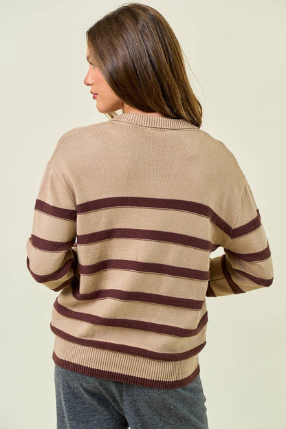 Split V-neck Polo Neckline Striped Sweater Top