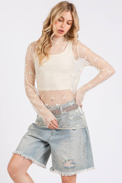 BOW PRINT LONG SLEEVE LACE TOP