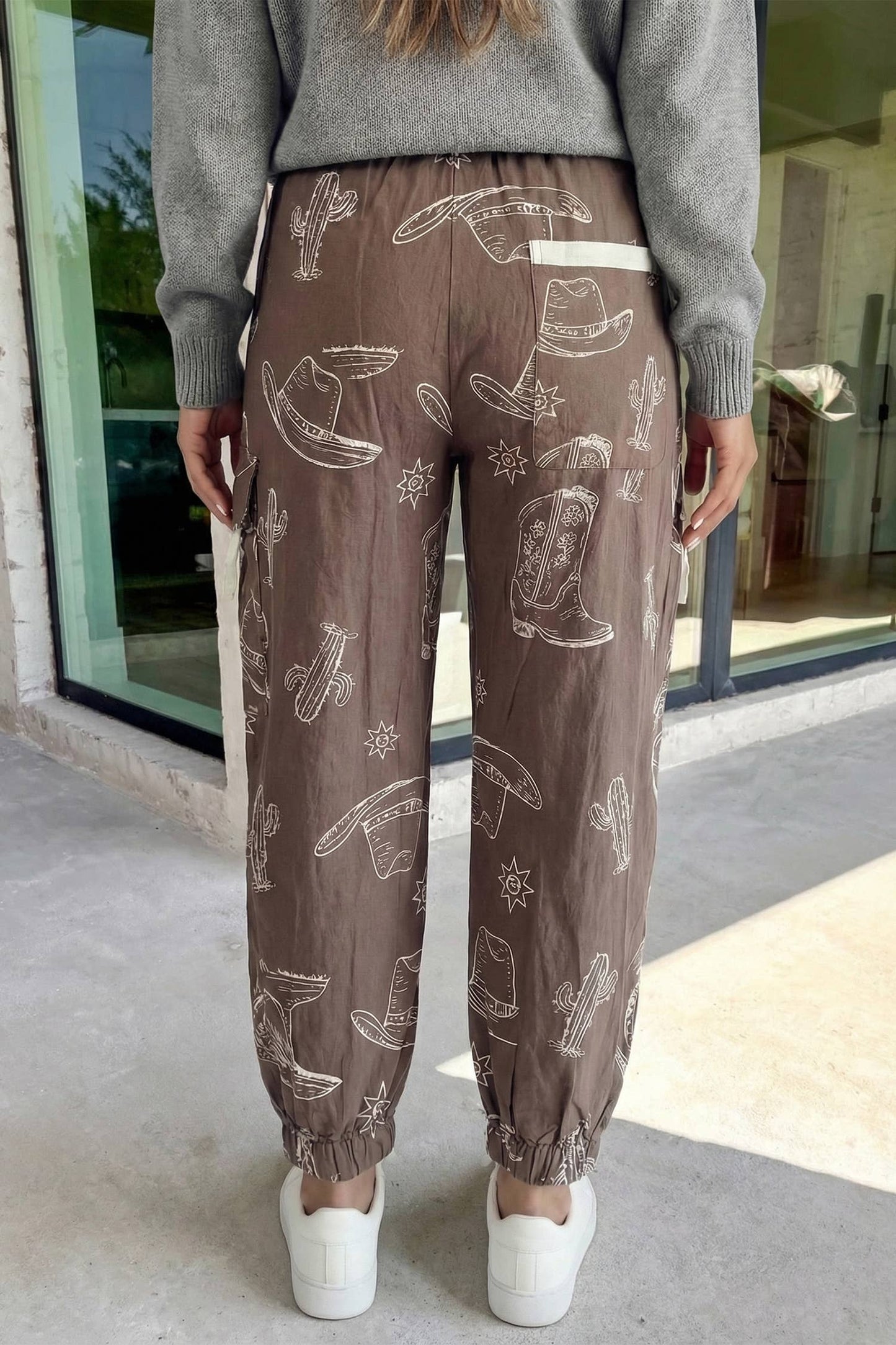Western Print Drawstring Jogger Pants