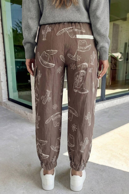 Western Print Drawstring Jogger Pants