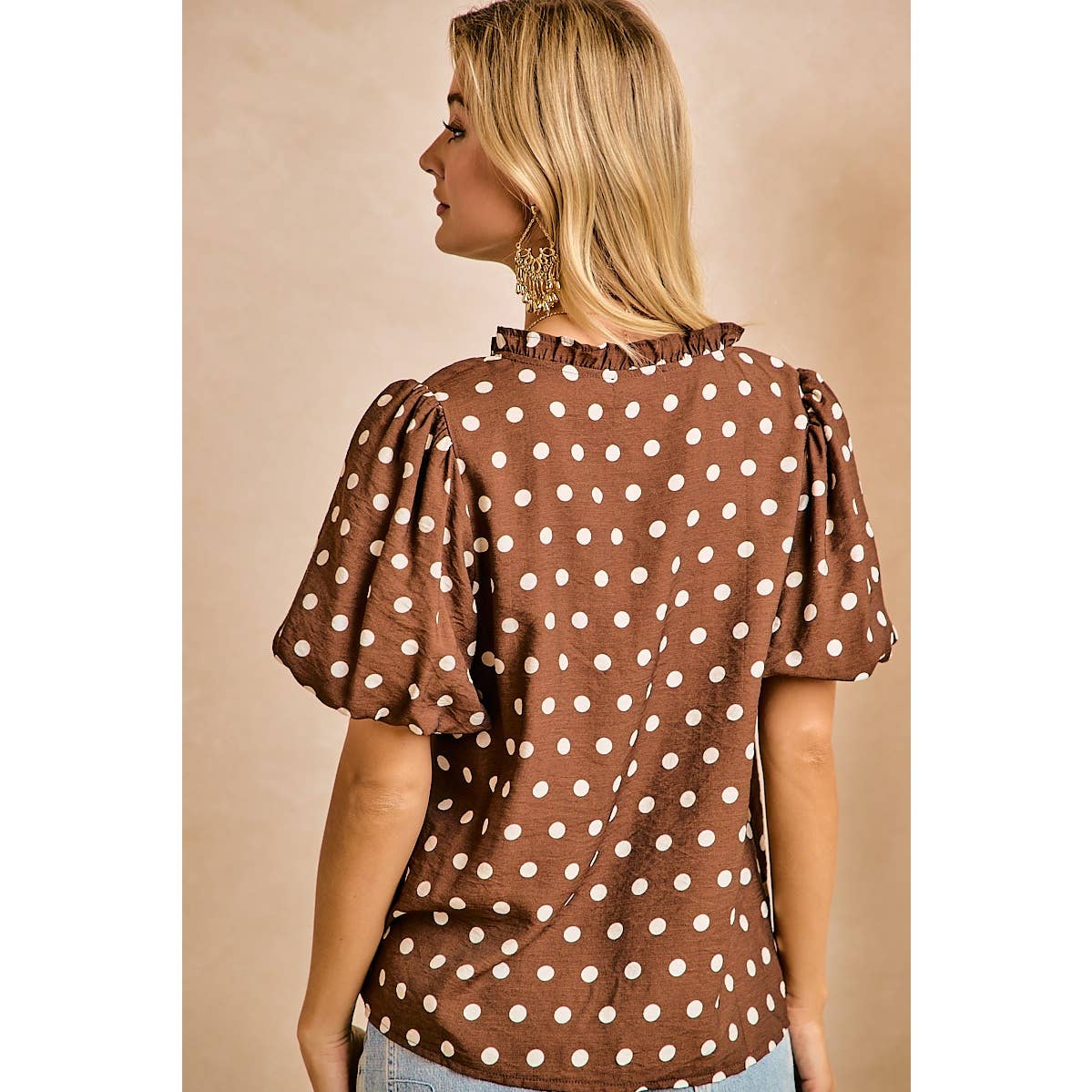 POLKA DOT PRINTED WOVEN RUFFLED V NECK