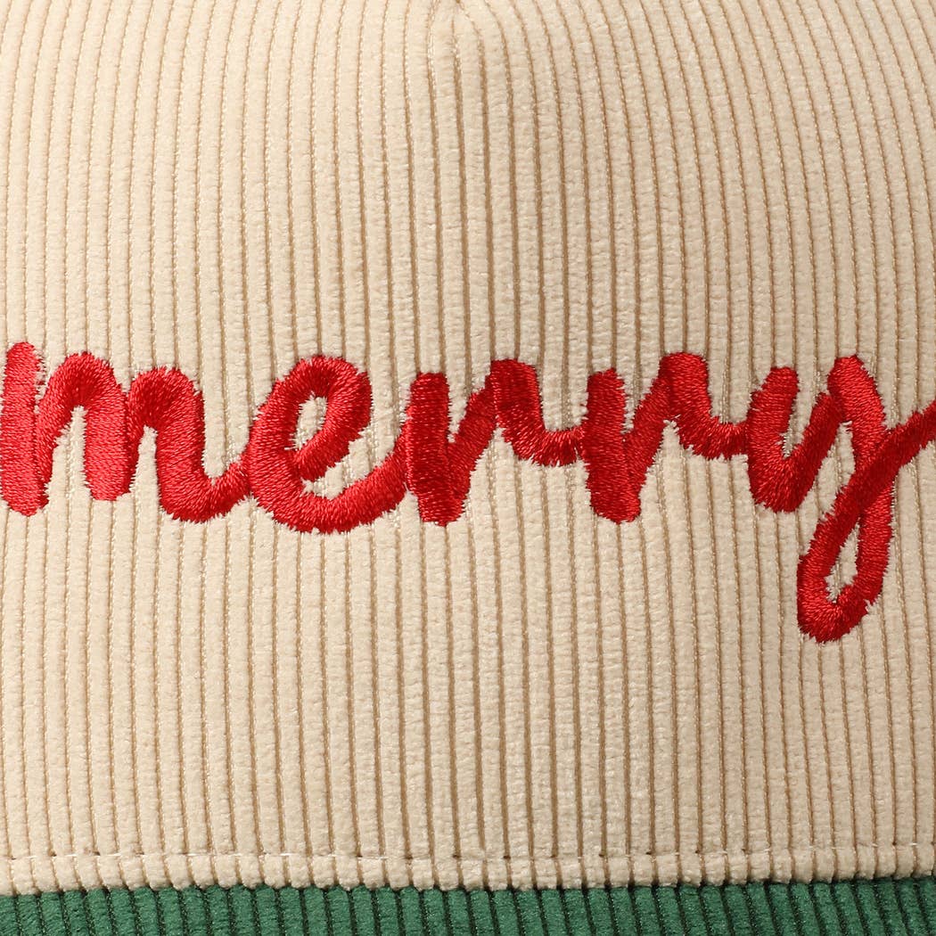 Merry Text Embroidery Two-Tone Corduroy Cap