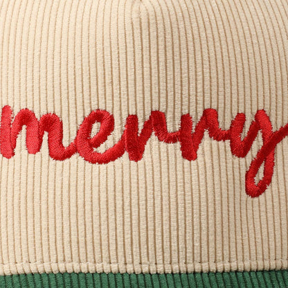 Merry Text Embroidery Two-Tone Corduroy Cap