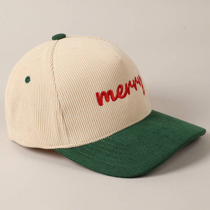 Merry Text Embroidery Two-Tone Corduroy Cap