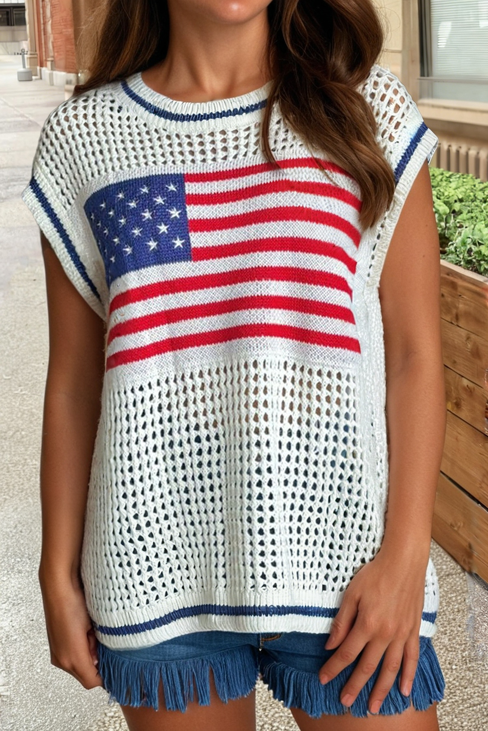 USA Flag Eyelet Knitted Cap Sleeve Sweater Top