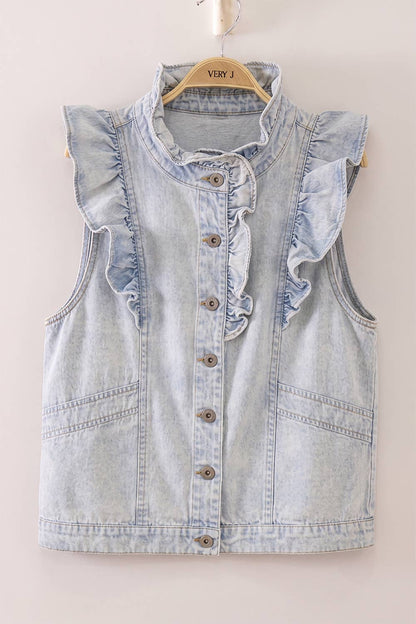 Ruffle Detail Washed Denim Vest