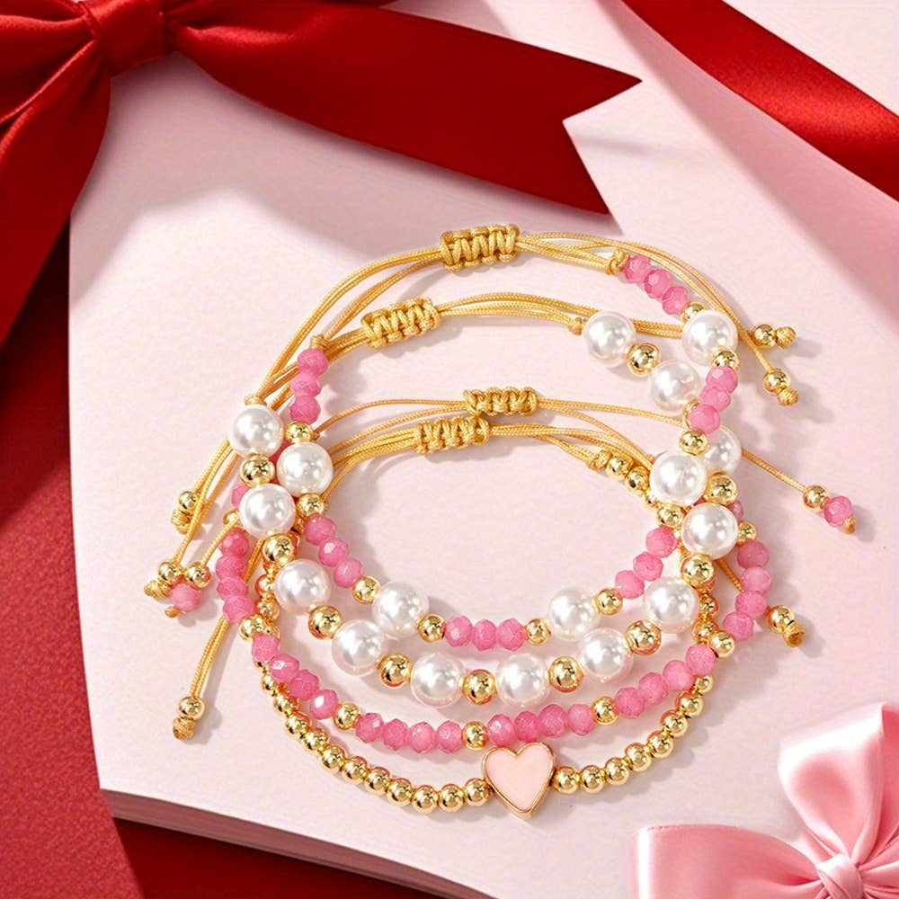 Pearl Golden Beads Adjustable String 4pcs Bracelet Set
