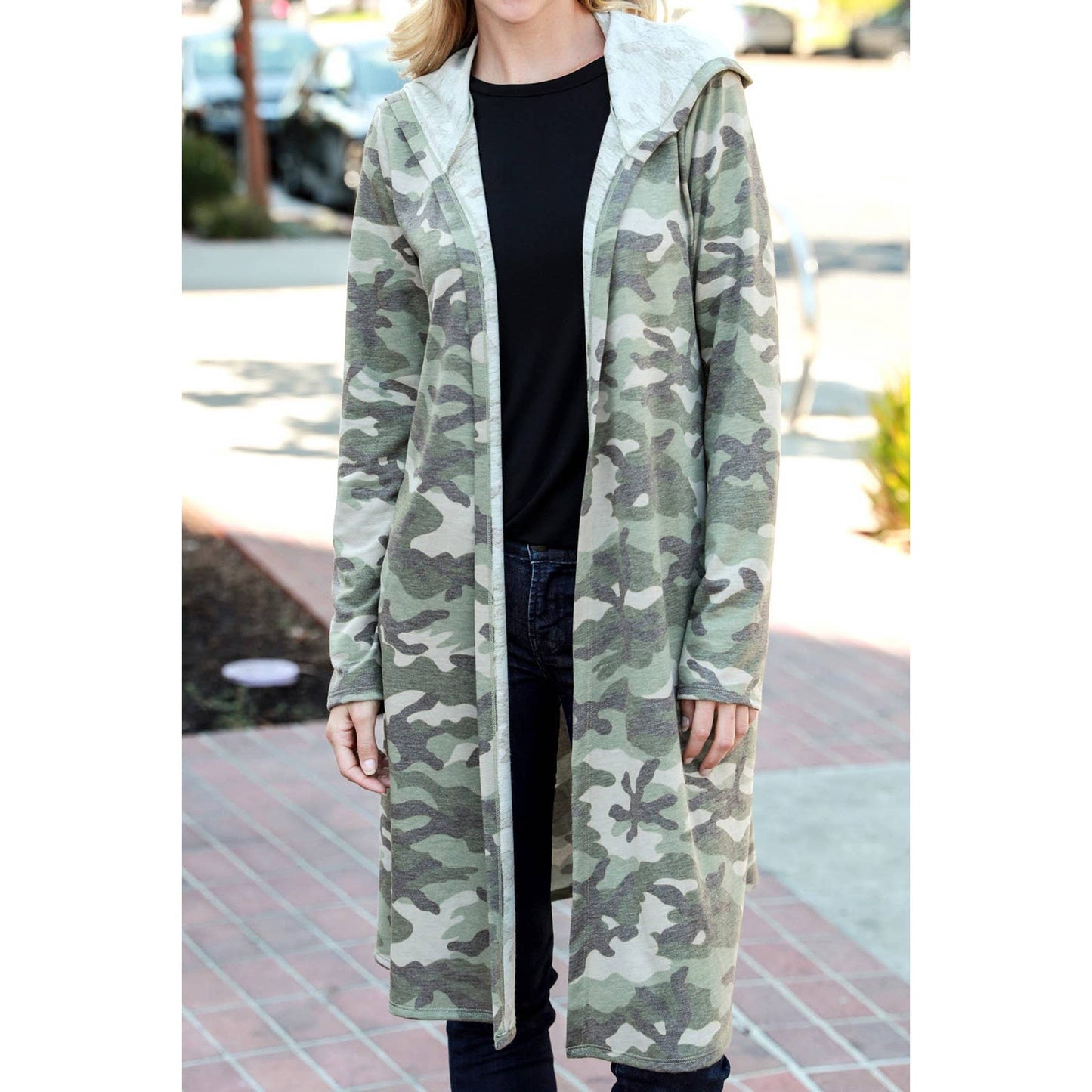 Plus Camo Long Cardigan with Hoodie