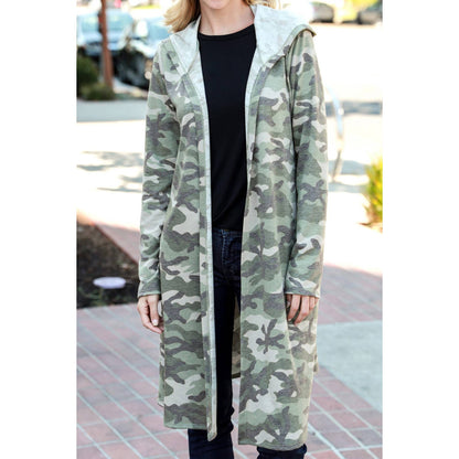 Plus Camo Long Cardigan with Hoodie
